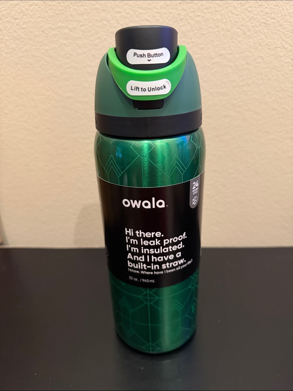 owala Green Insulated Stainless Steel Bottle with Built-In Straw wicked edition.